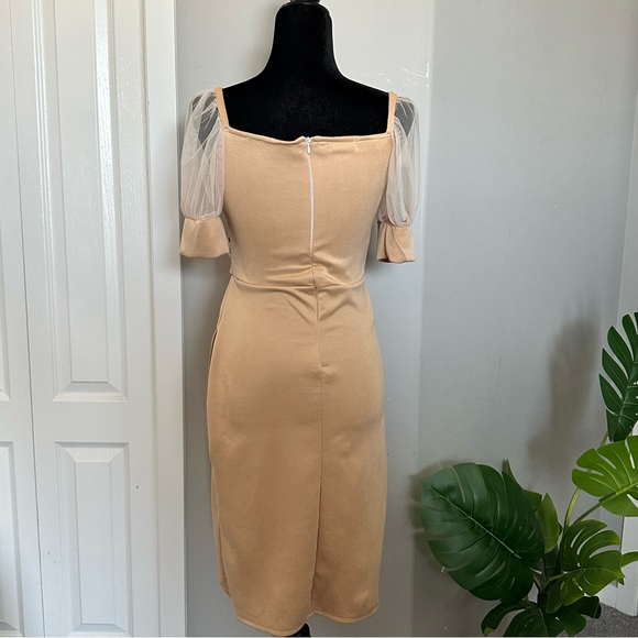 Nude Mesh Puff Sleeve Dress - Picture 2 of 4